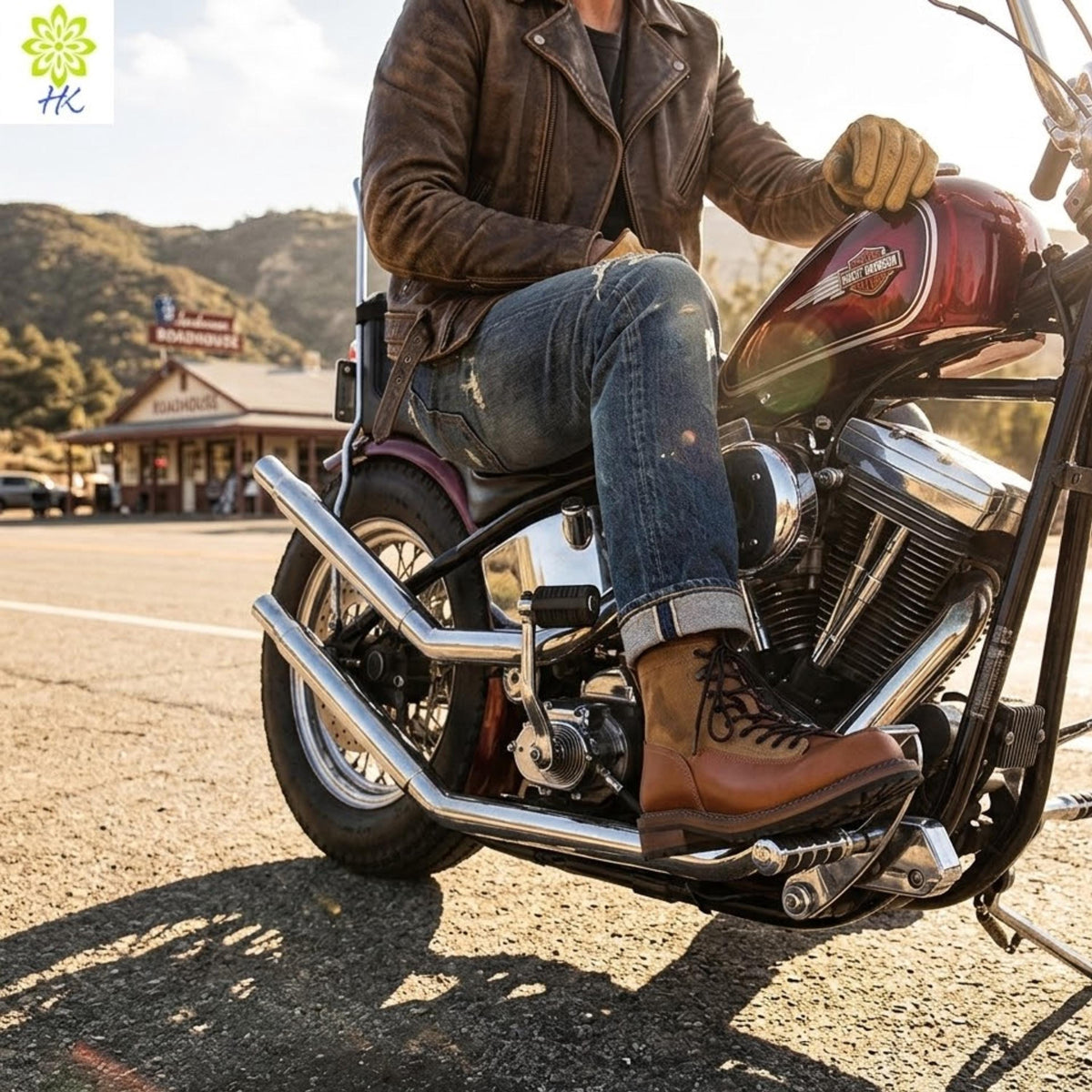 A person wearing a leather jacket and boots is sitting on a red and black motorcycle, with a scenic mountain landscape in the background.
