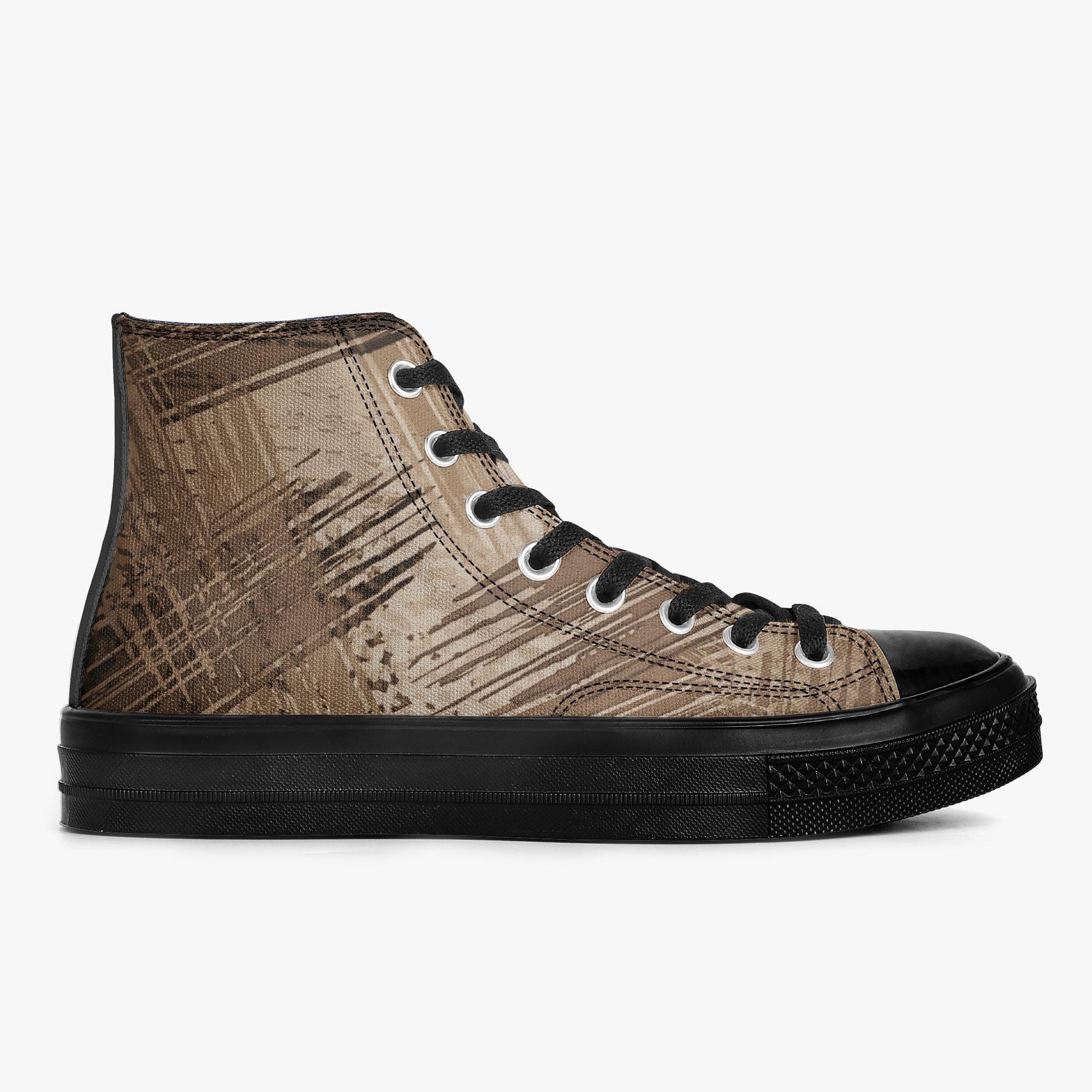 A brown high-top sneaker with a black sole and laces, featuring a textured pattern on the side.