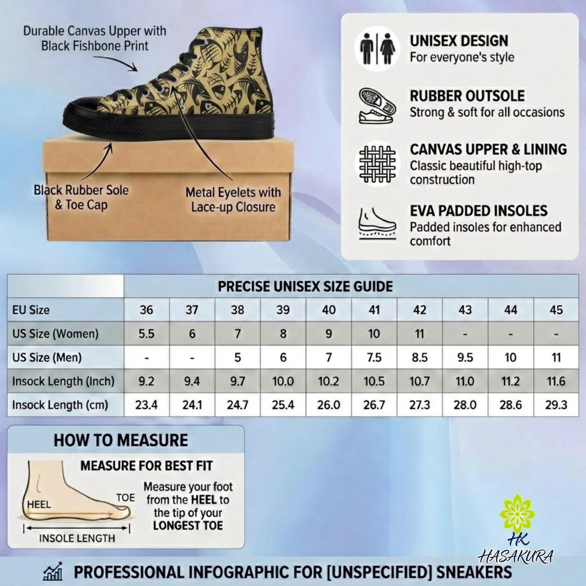 The image is a professional infographic for sneakers, providing information on the shoe's features and size guide. It includes a close-up of the shoe, a box with the shoe, and a table with size and features listed. The infographic is designed to provide precise information for those looking for the best fit in sneakers.