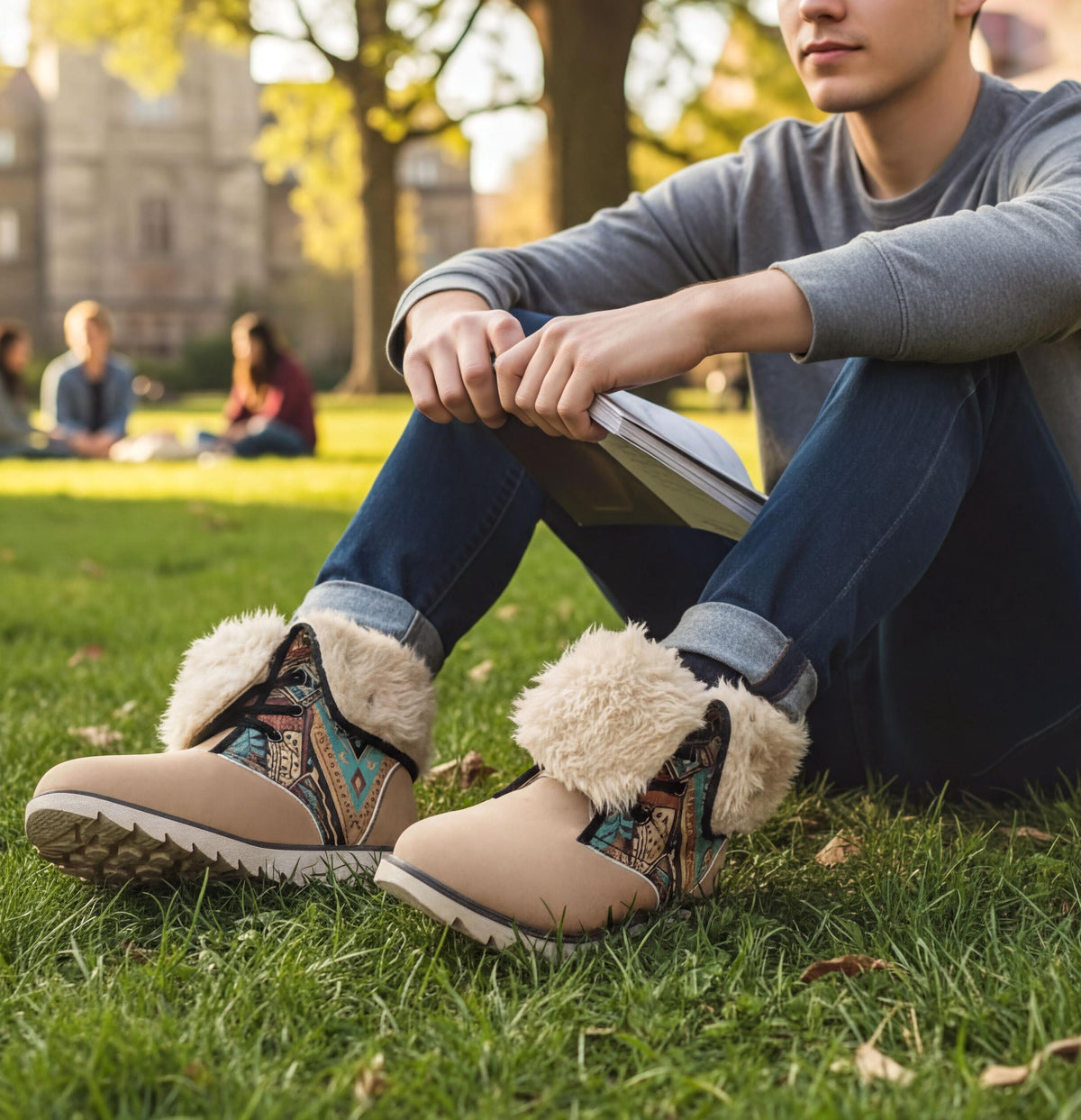 A person sitting on the grass, wearing a gray sweater and tan boots with fur trim, holding a book in their lap.