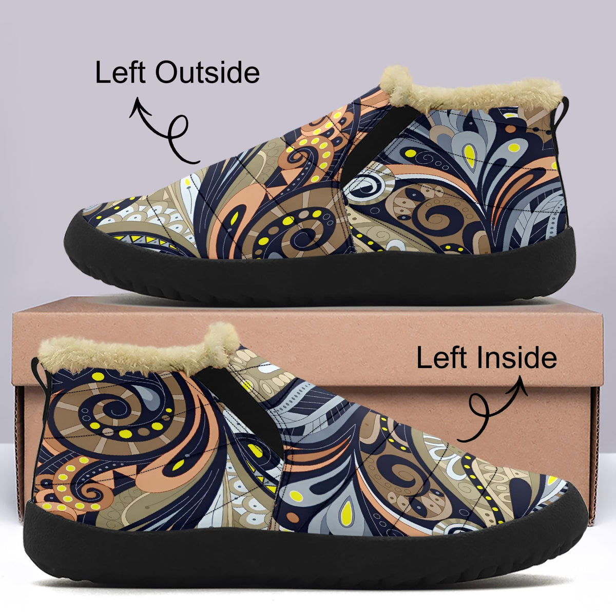 a pair of colorful, patterned shoes with fur trim, displayed on top of a cardboard box.