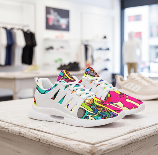 A pair of colorful, patterned sneakers displayed on a wooden surface in a retail store.