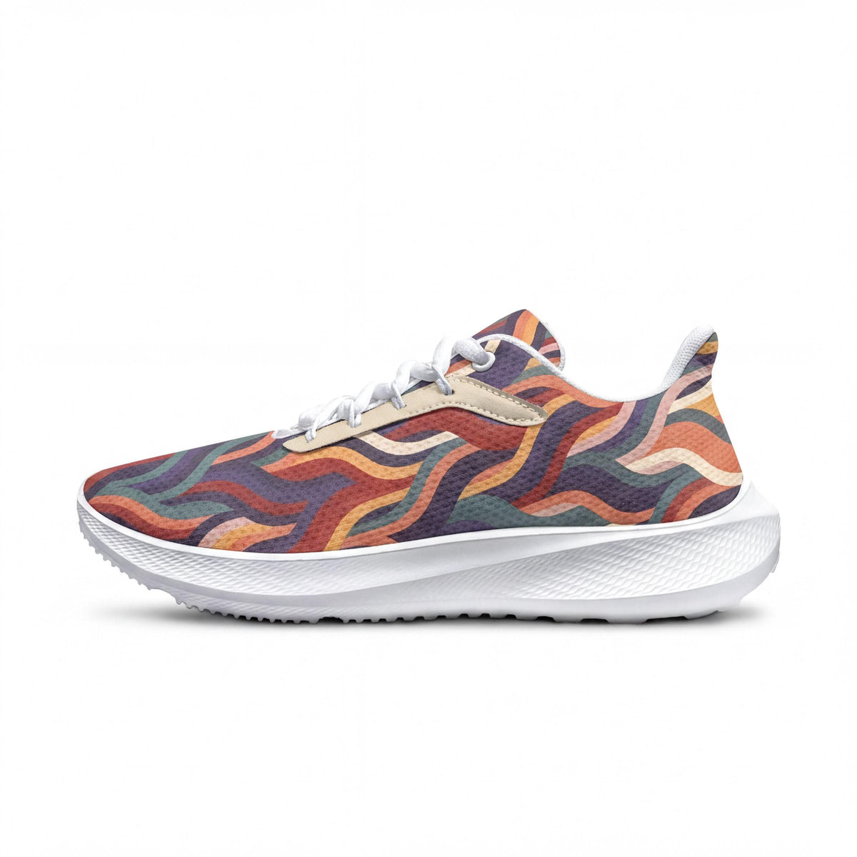 A colorful, patterned sneaker with a white sole and laces.