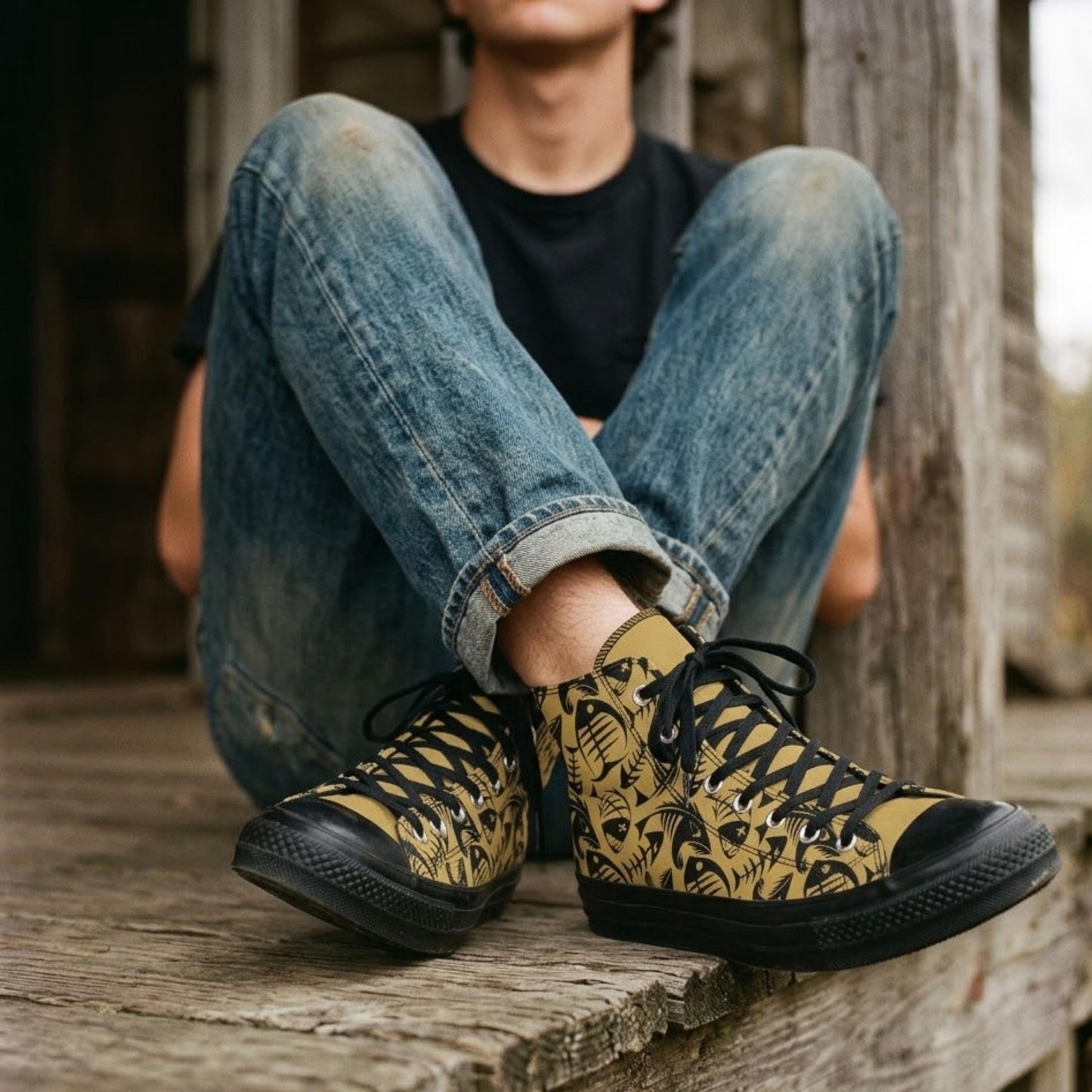 A person sitting on a wooden porch wearing blue jeans and yellow and black patterned sneakers.
