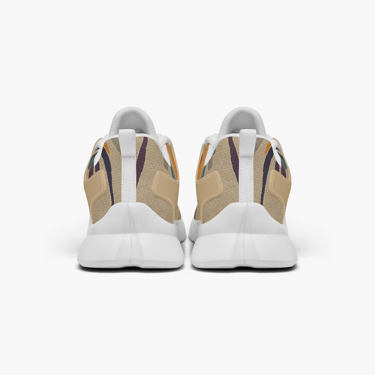 A pair of white sneakers with colorful patterns on the back.