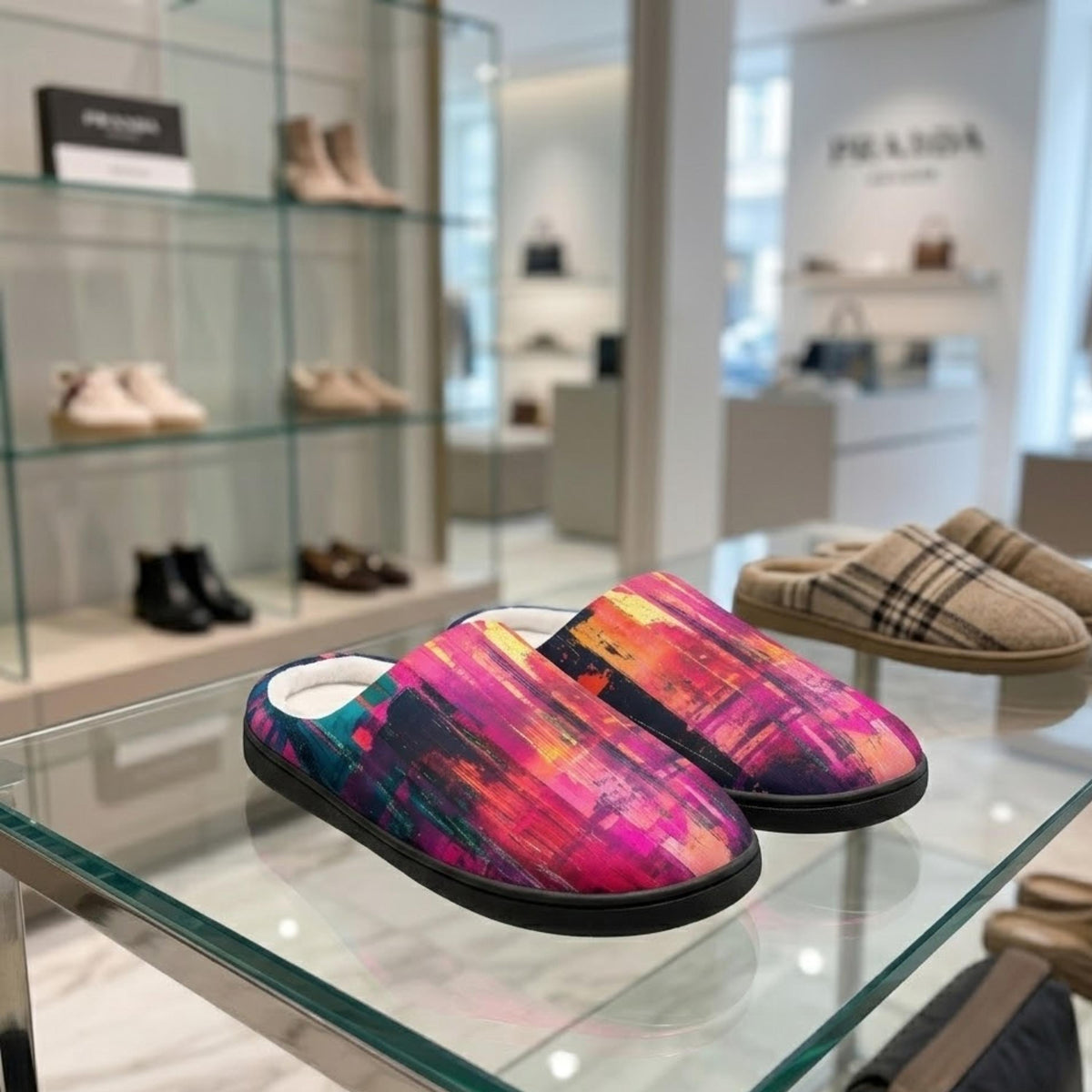 A pair of colorful, abstract-patterned slippers is displayed on a glass table in a store, with other shoes visible in the background.