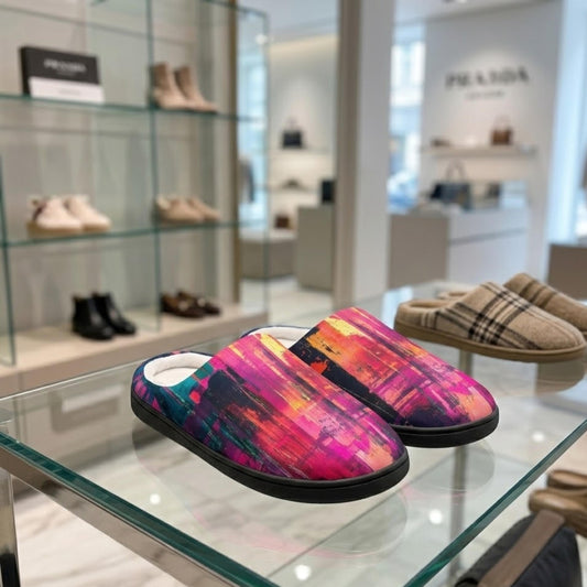 A pair of colorful, abstract-patterned slippers is displayed on a glass table in a store, with other shoes visible in the background.