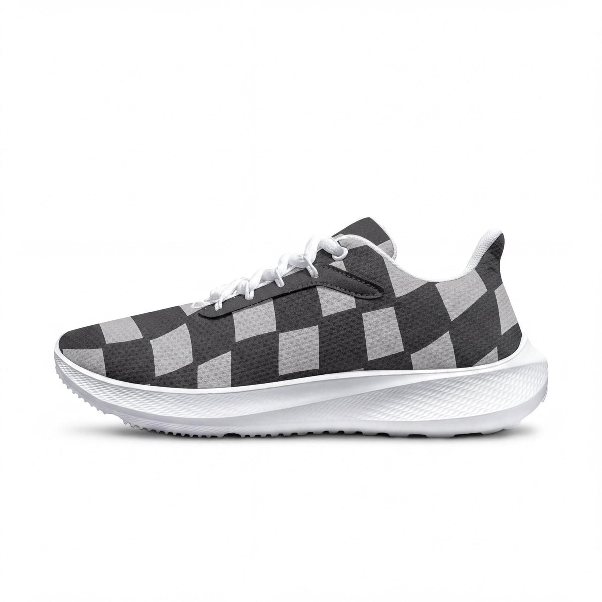 A black and white checkered patterned sneaker with a white sole.