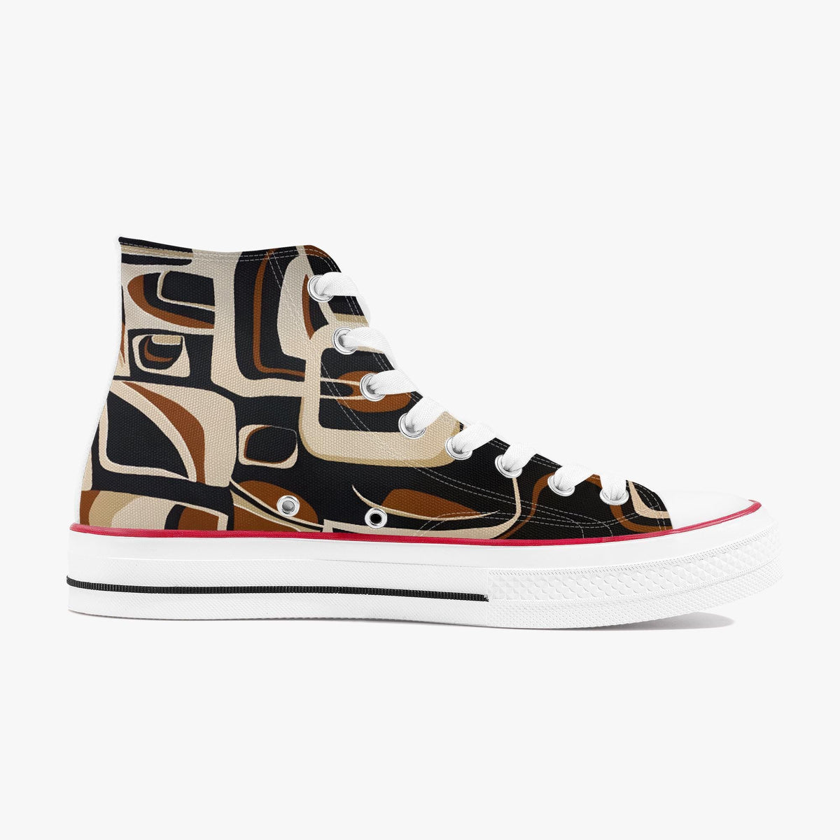 A pair of high-top sneakers with a bold, abstract pattern in shades of brown, black, and white.