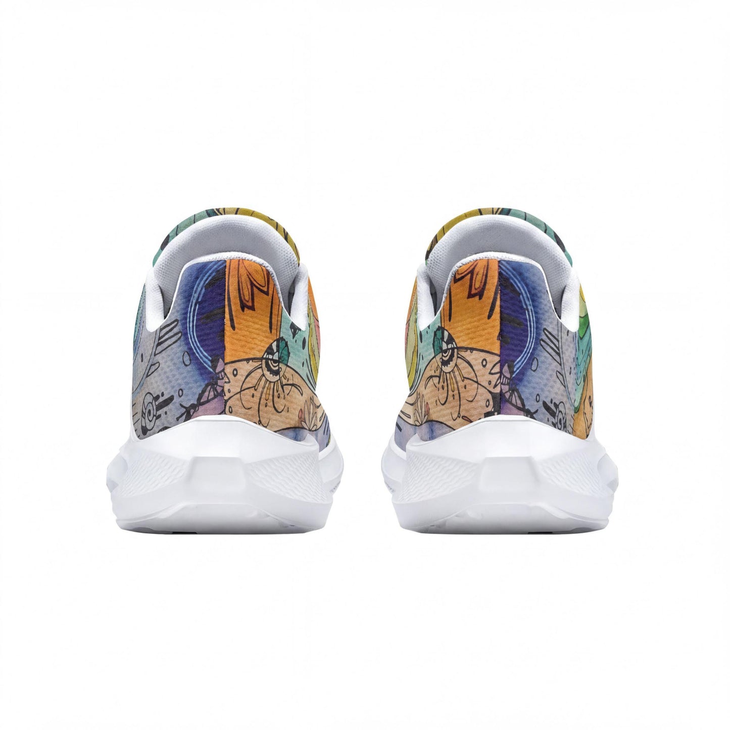 the back of colorful, patterned sneakers with a vibrant design.