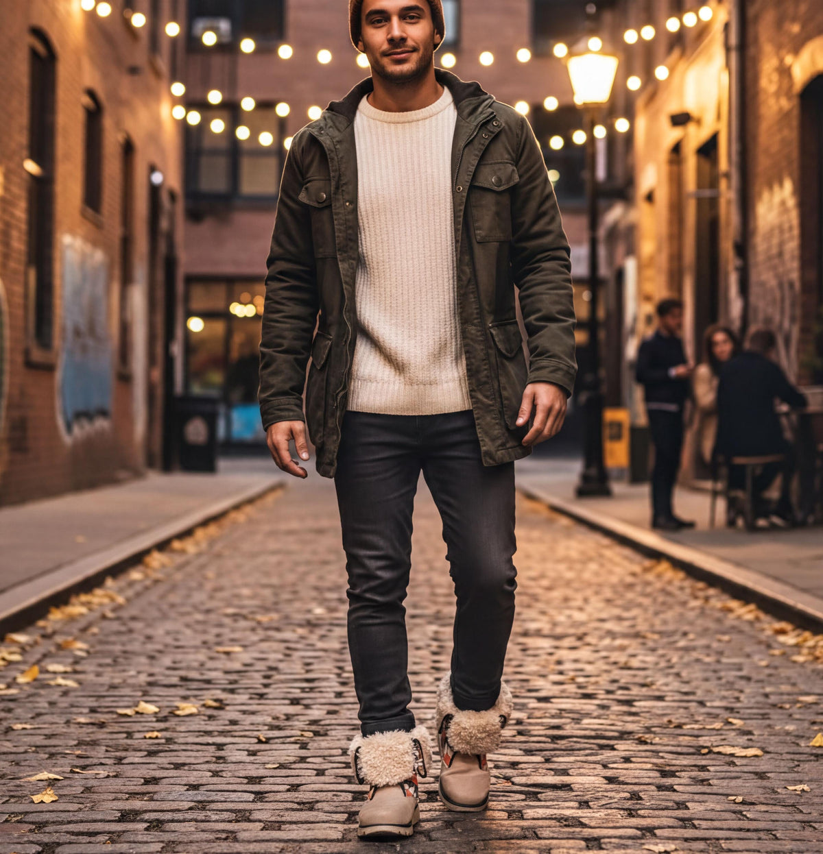 A man wearing a white sweater, olive green jacket, and black pants walks down a brick street at night, with a string of lights overhead.