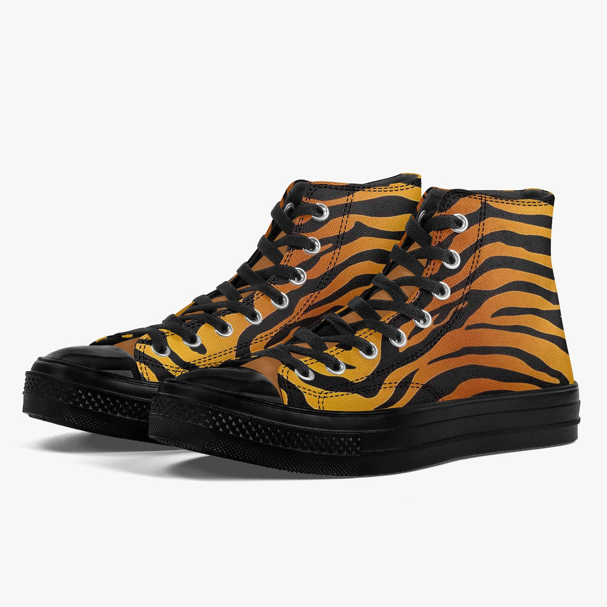 A pair of high-top sneakers with a bold tiger print pattern in orange and black.