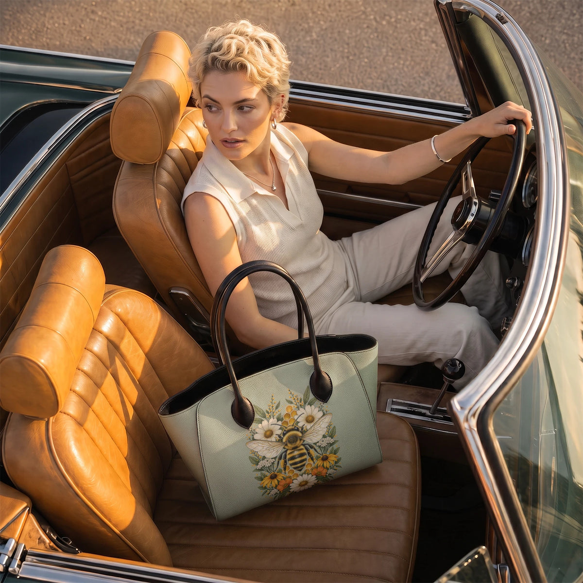 Borsa tote in pelle ecologica verde salvia appoggiata sul sedile di un'auto decappottabile