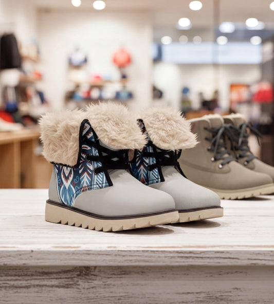 A pair of white boots with fur lining and colorful designs on the sides, displayed on a wooden surface in a retail setting.