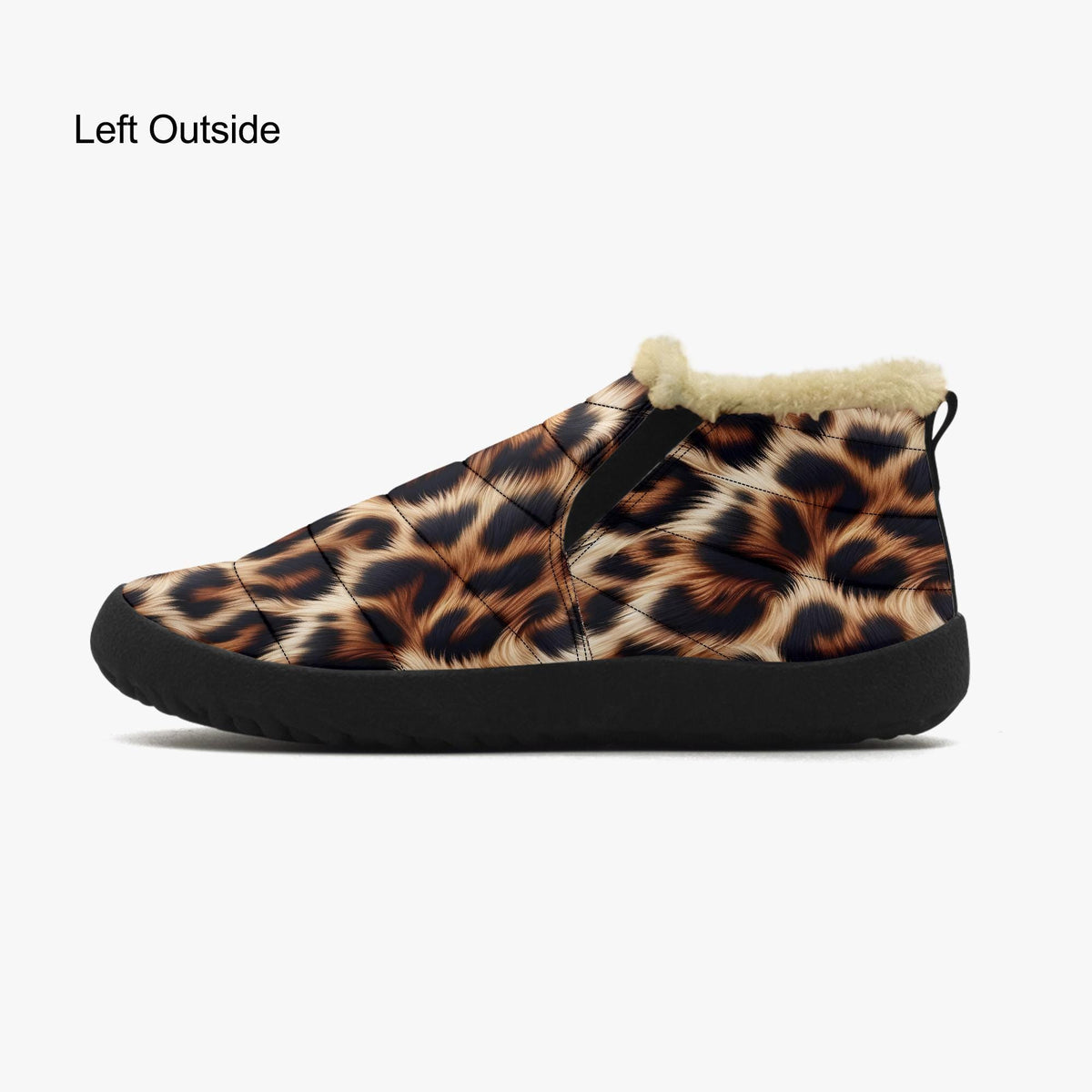 A pair of leopard print boots with a fur lining, featuring a distinctive pattern of brown and black spots.