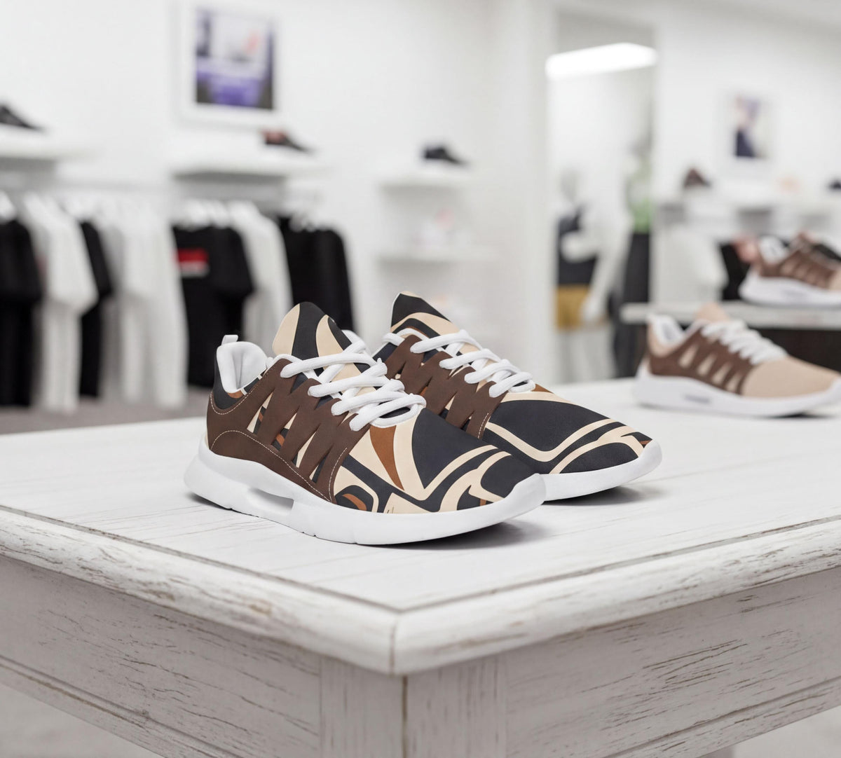 A pair of brown and black patterned sneakers is displayed on a white table in a retail store, with other clothing items visible in the background.