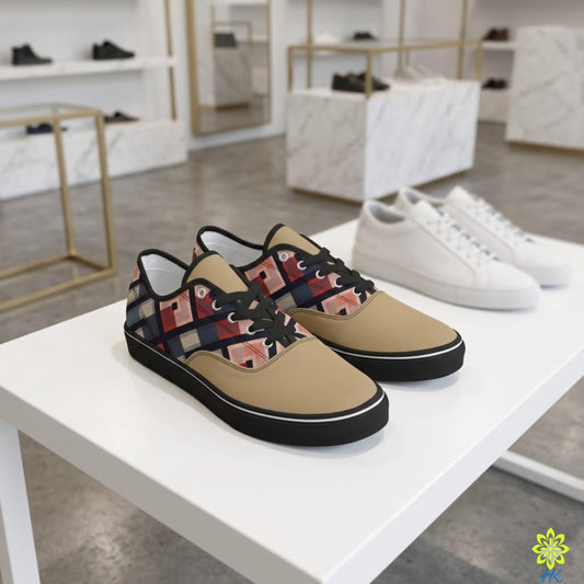 A pair of colorful patterned sneakers is displayed on a white table in a store, with a pair of white sneakers visible in the background.