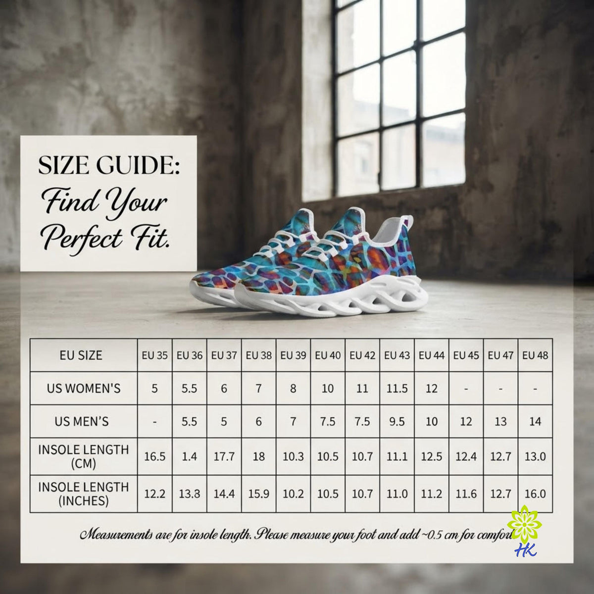 A size guide graphic for a pair of colorful sneakers, featuring a size chart table with EU sizes, US women's and men's sizes, and insole lengths, alongside a photo of the multicolor sneakers on a wooden floor in front of a window.