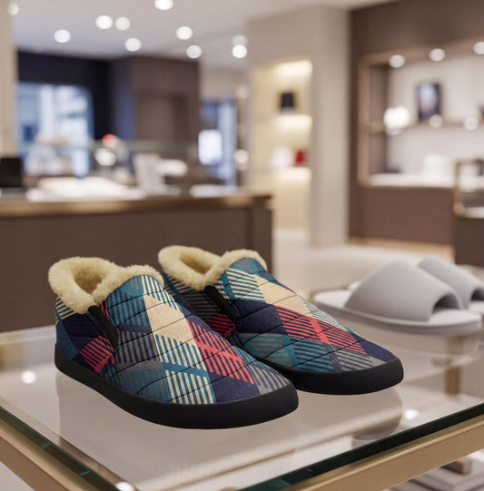 A pair of patterned slip-on shoes with fur lining, displayed on a glass table in a store.
