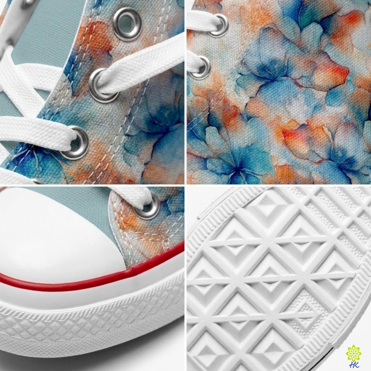 Close-up van metalen oogjes, aquarel bloemenprint, witte neuskap en diamantprofiel van de high-top sneakers