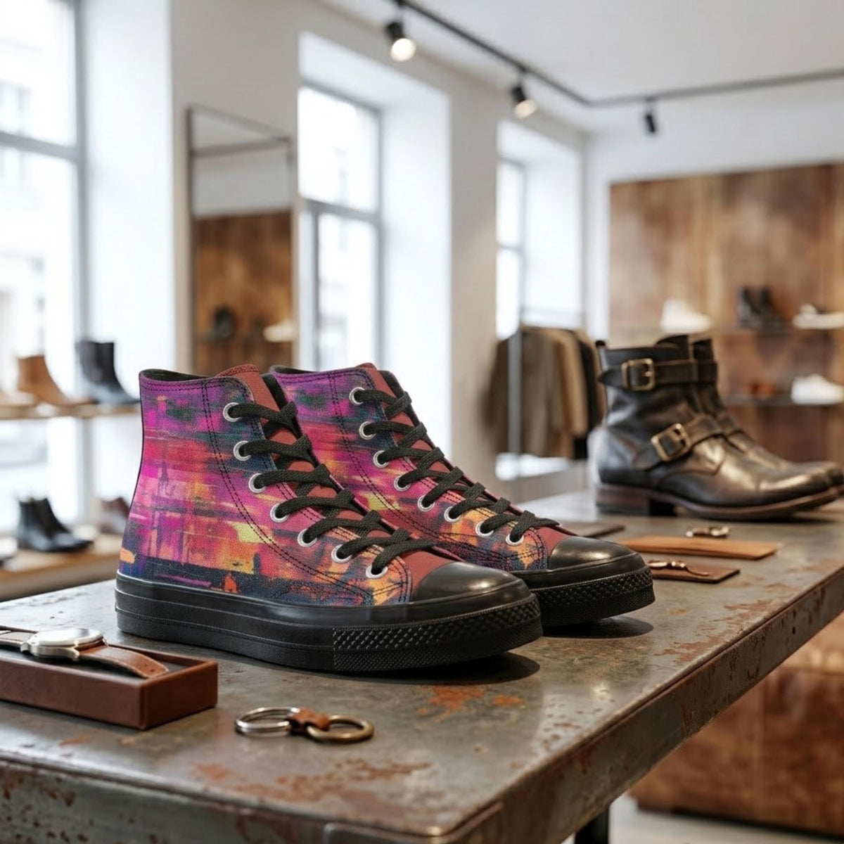 A pair of colorful, patterned sneakers is displayed on a metal table in a store, with other shoes and accessories visible in the background.