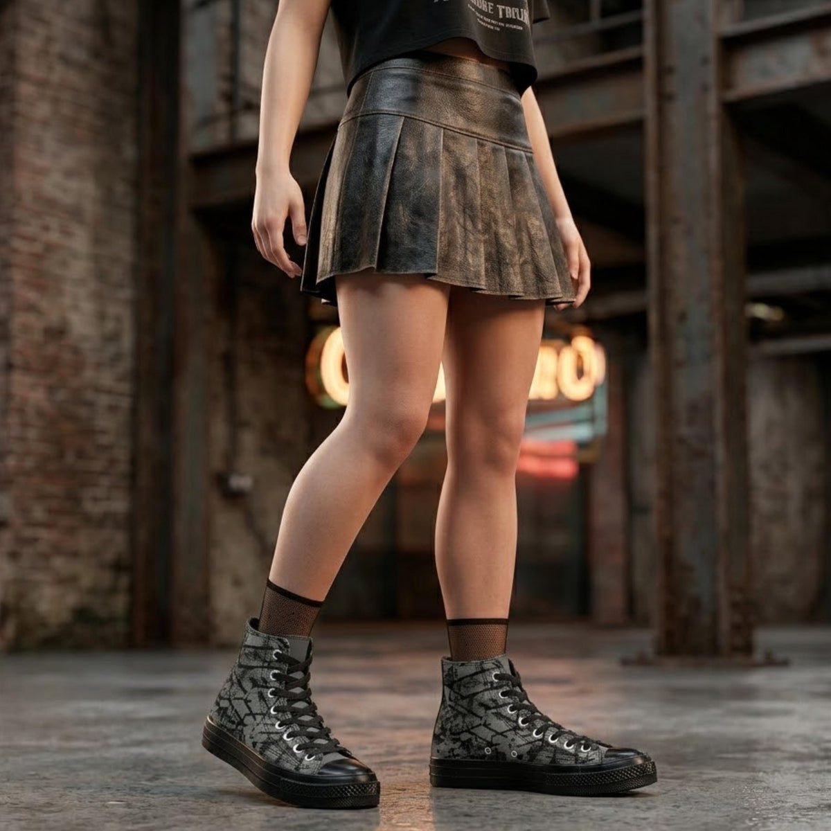 A woman wearing a short leather skirt and high-top sneakers stands in front of a brick wall with a neon sign.