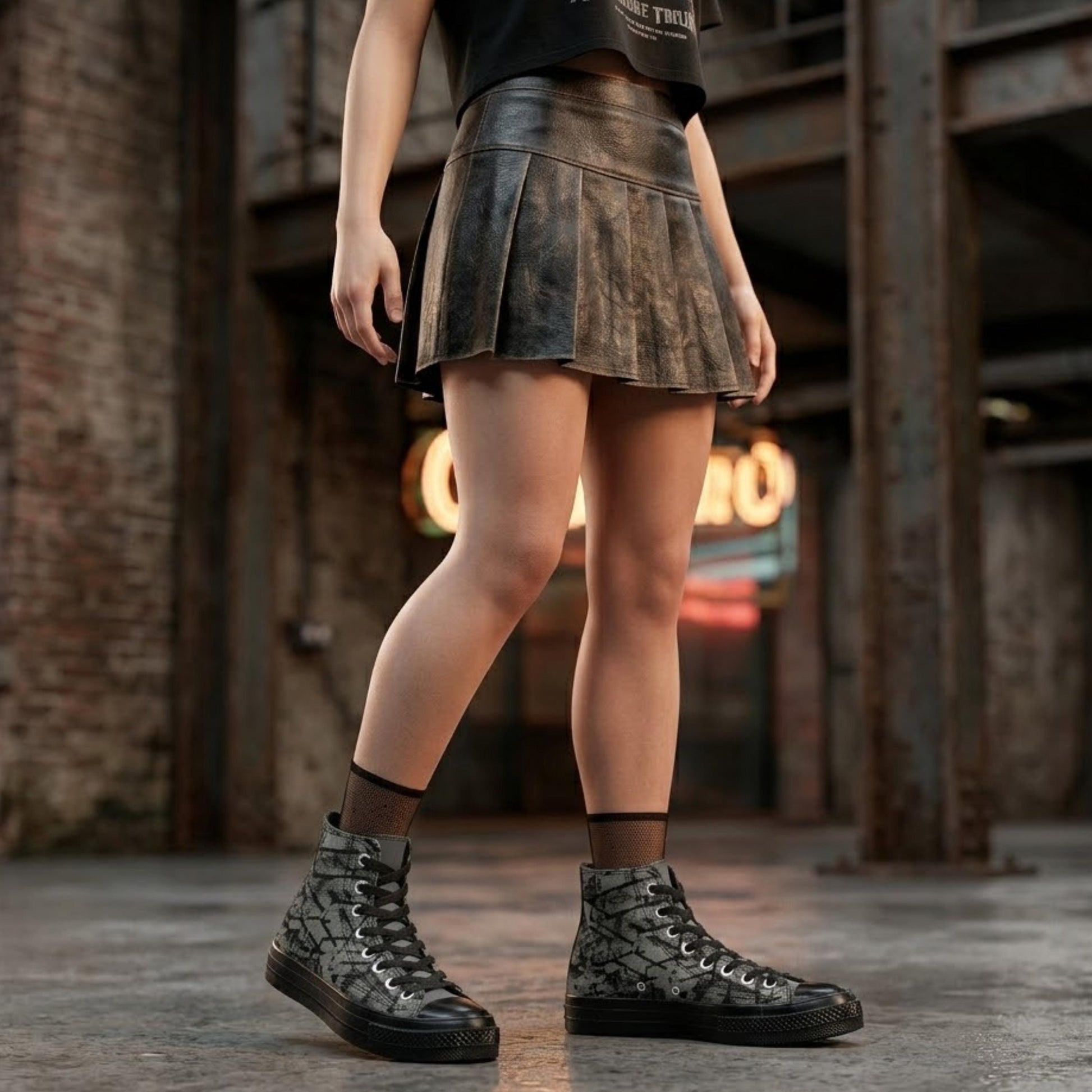 A woman wearing a short leather skirt and high-top sneakers stands in front of a brick wall with a neon sign.