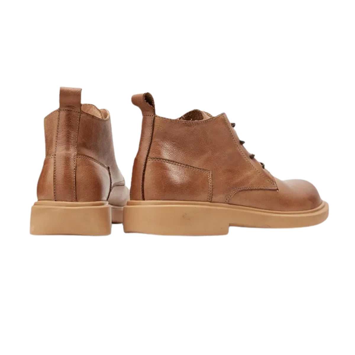 A pair of tan leather boots with a chunky sole and lace-up closure.