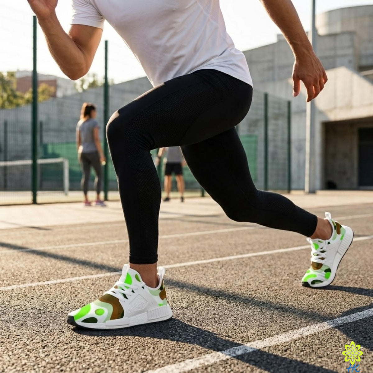 A person wearing black leggings and green and white sneakers is running on a track, with another person visible in the background.