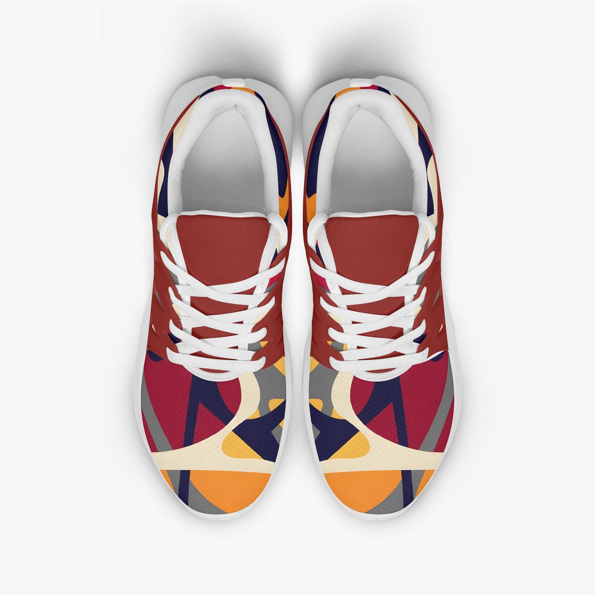 A pair of colorful, abstract-patterned sneakers with white laces.