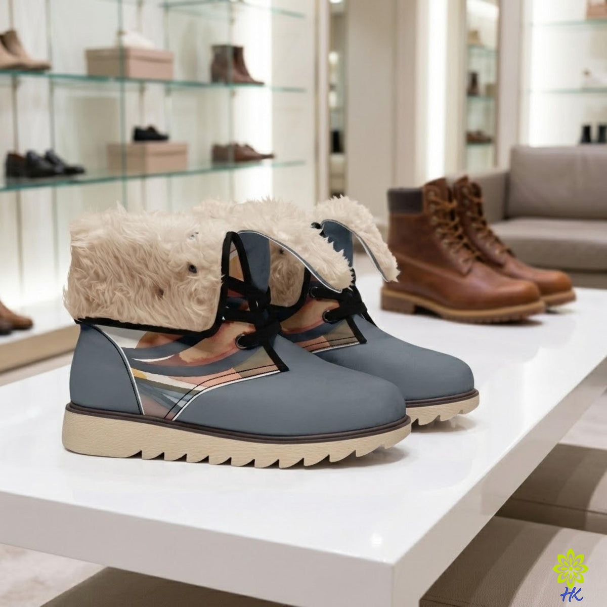 Faux fur winterlaarzen met abstract golfmotief en opgevouwen beige furen schacht op een witte presentatietafel