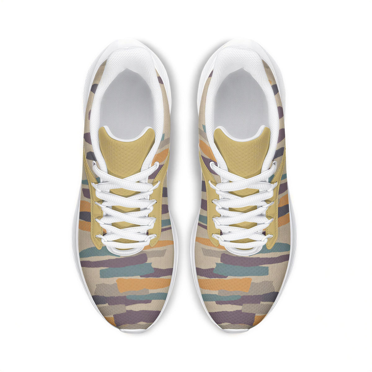 A pair of colorful sneakers with a patterned design on the upper part.