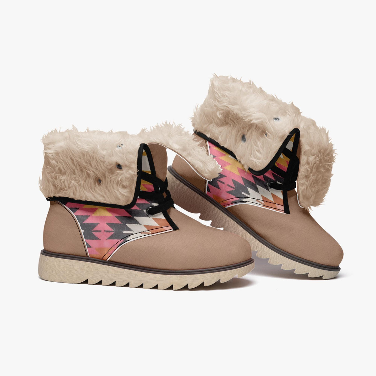 A pair of tan boots with fur trim and a colorful geometric pattern on the side.
