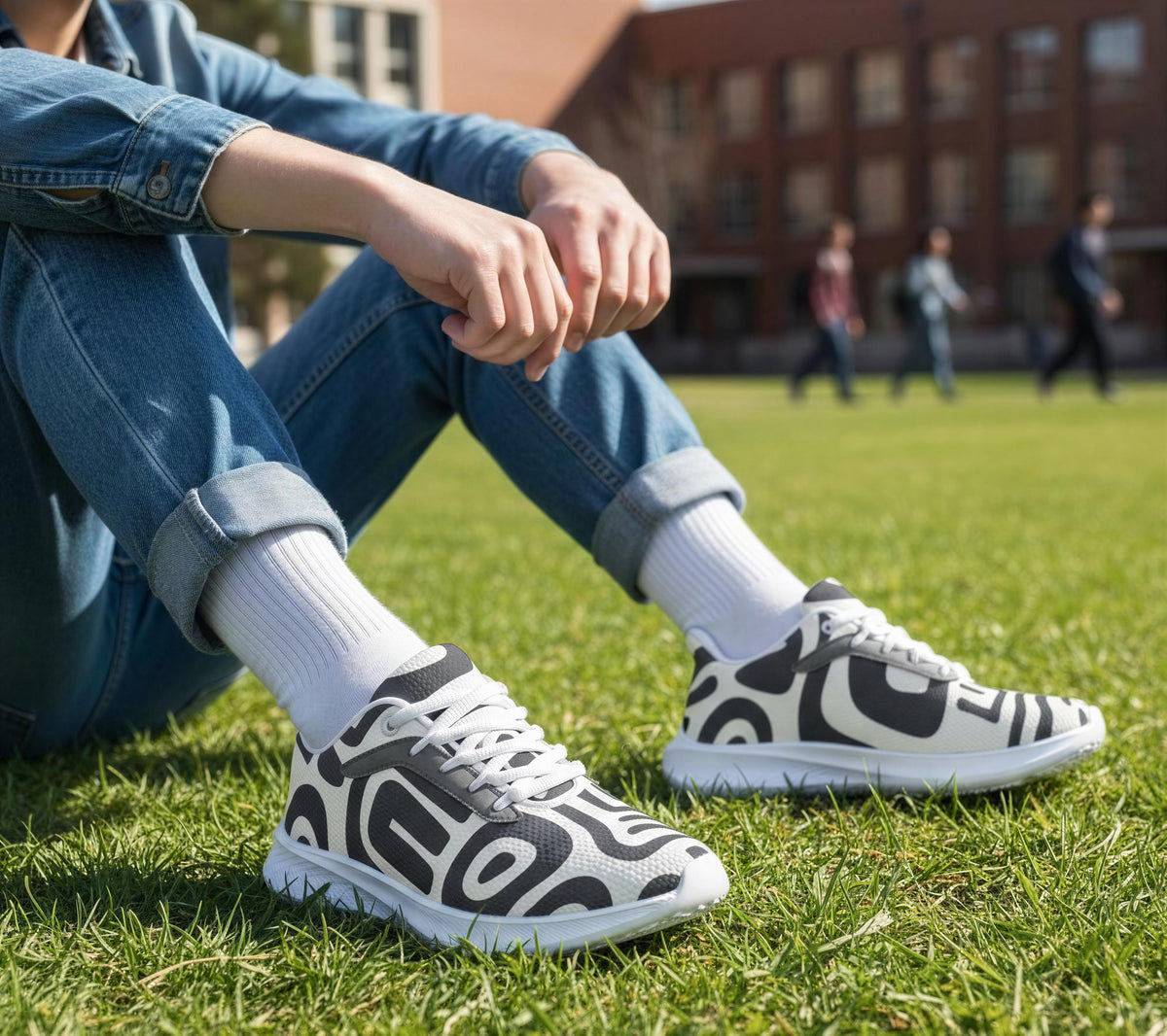A person sitting on the grass wearing white and black patterned sneakers.