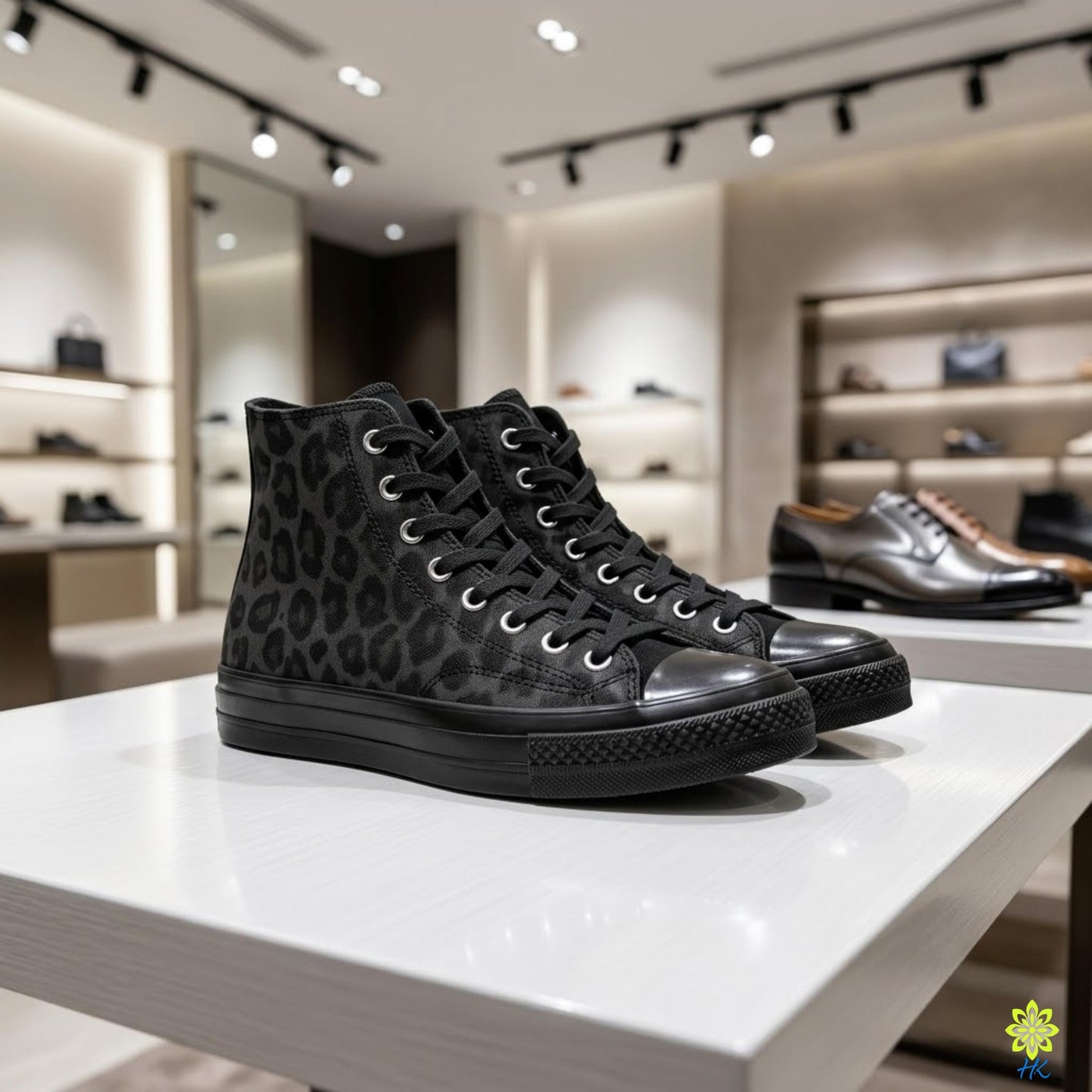 A pair of black high-top sneakers with a leopard print pattern, displayed on a white table in a shoe store.
