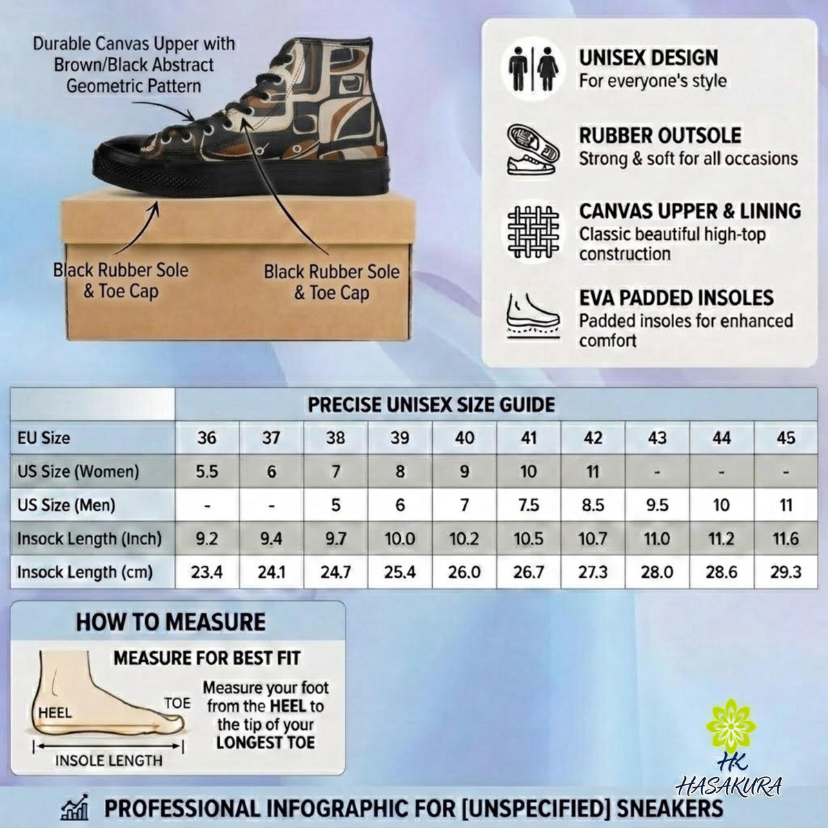The image is a professional infographic for sneakers, providing information on various aspects of the shoes, such as their design, materials, and measurements.