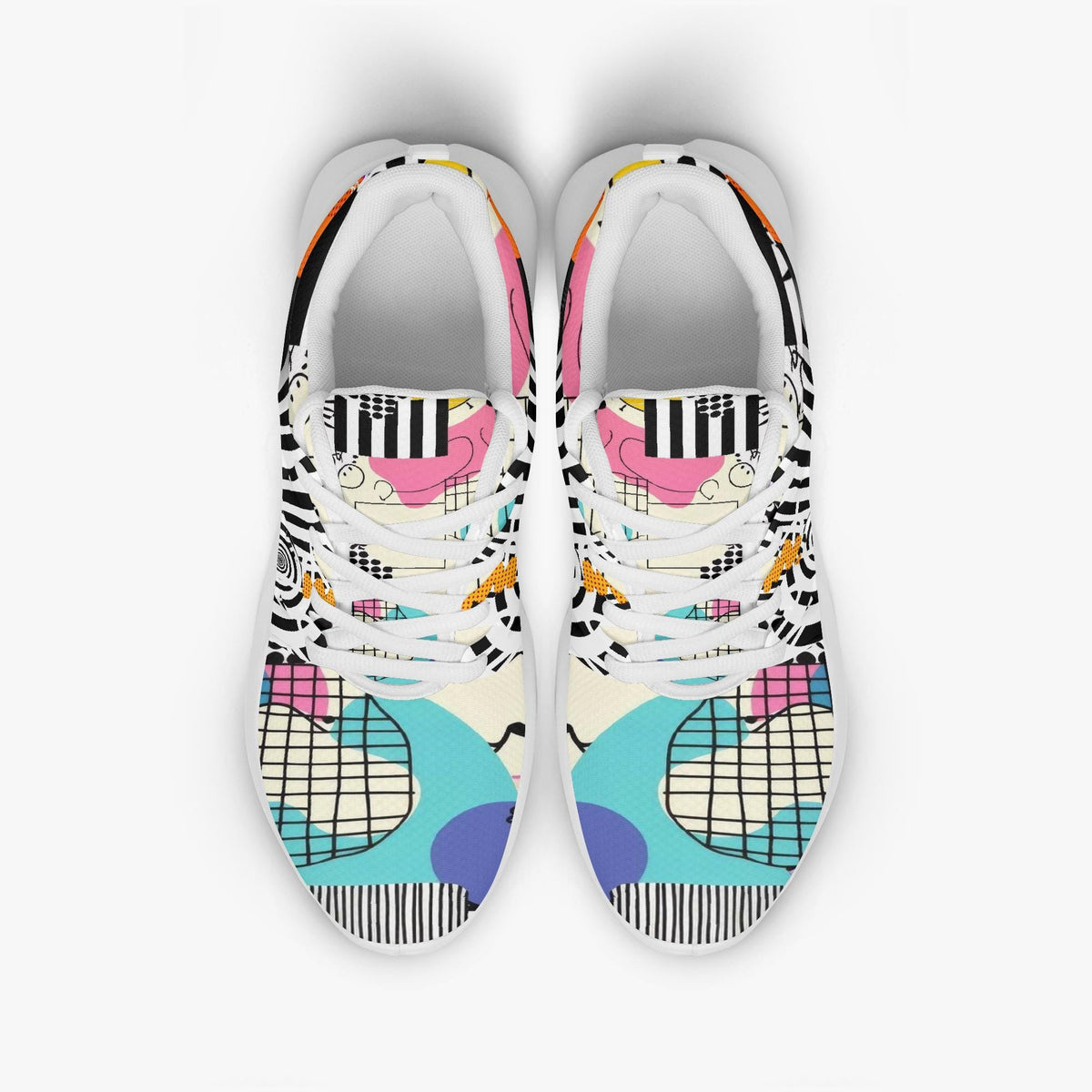 A pair of colorful, patterned sneakers with a vibrant design featuring geometric shapes, stripes, and abstract elements.