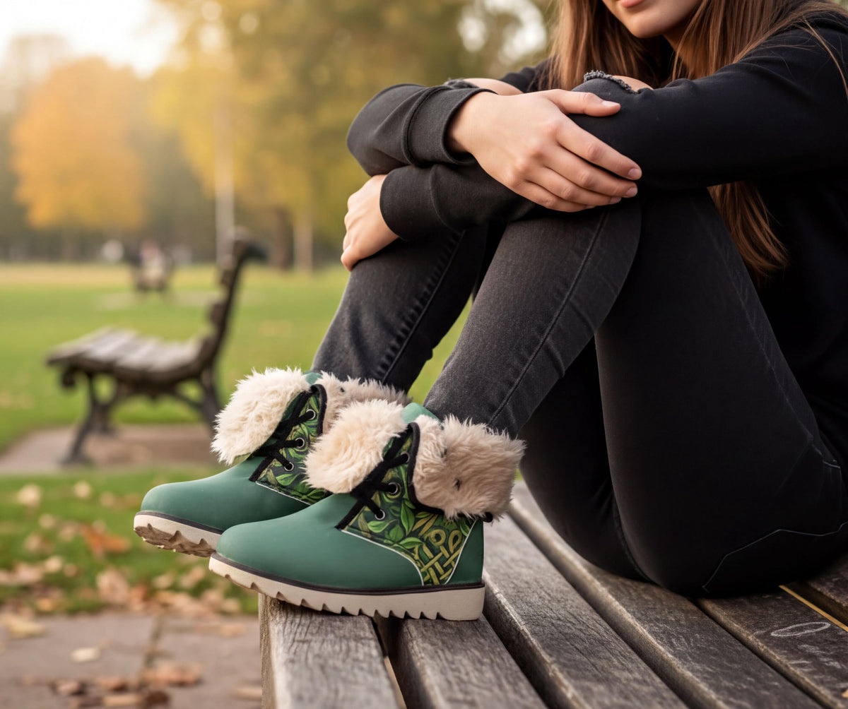 A person sitting on a bench in a park, wearing green boots with fur trim and black pants.