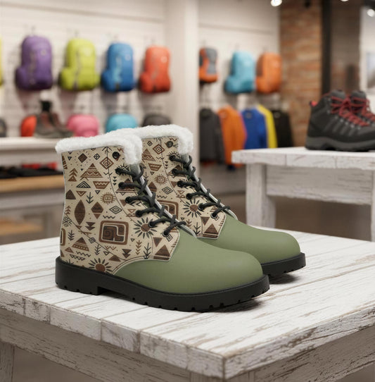 A pair of green and brown patterned boots with fur lining, displayed on a white wooden table in a retail setting with various backpacks and clothing items visible in the background.