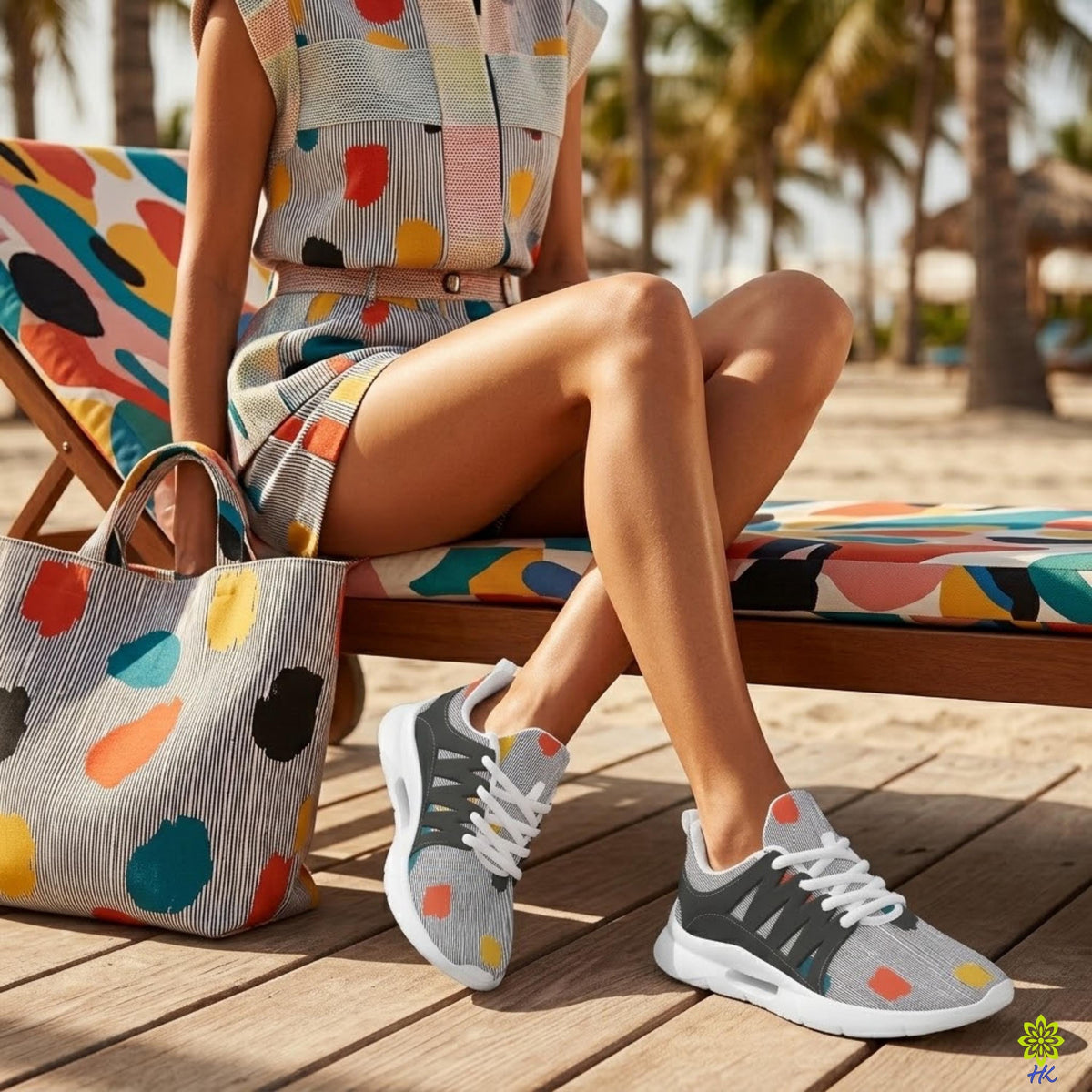 Modella in spiaggia con sneakers grigie a righe gessate, outfit colorato e borsa