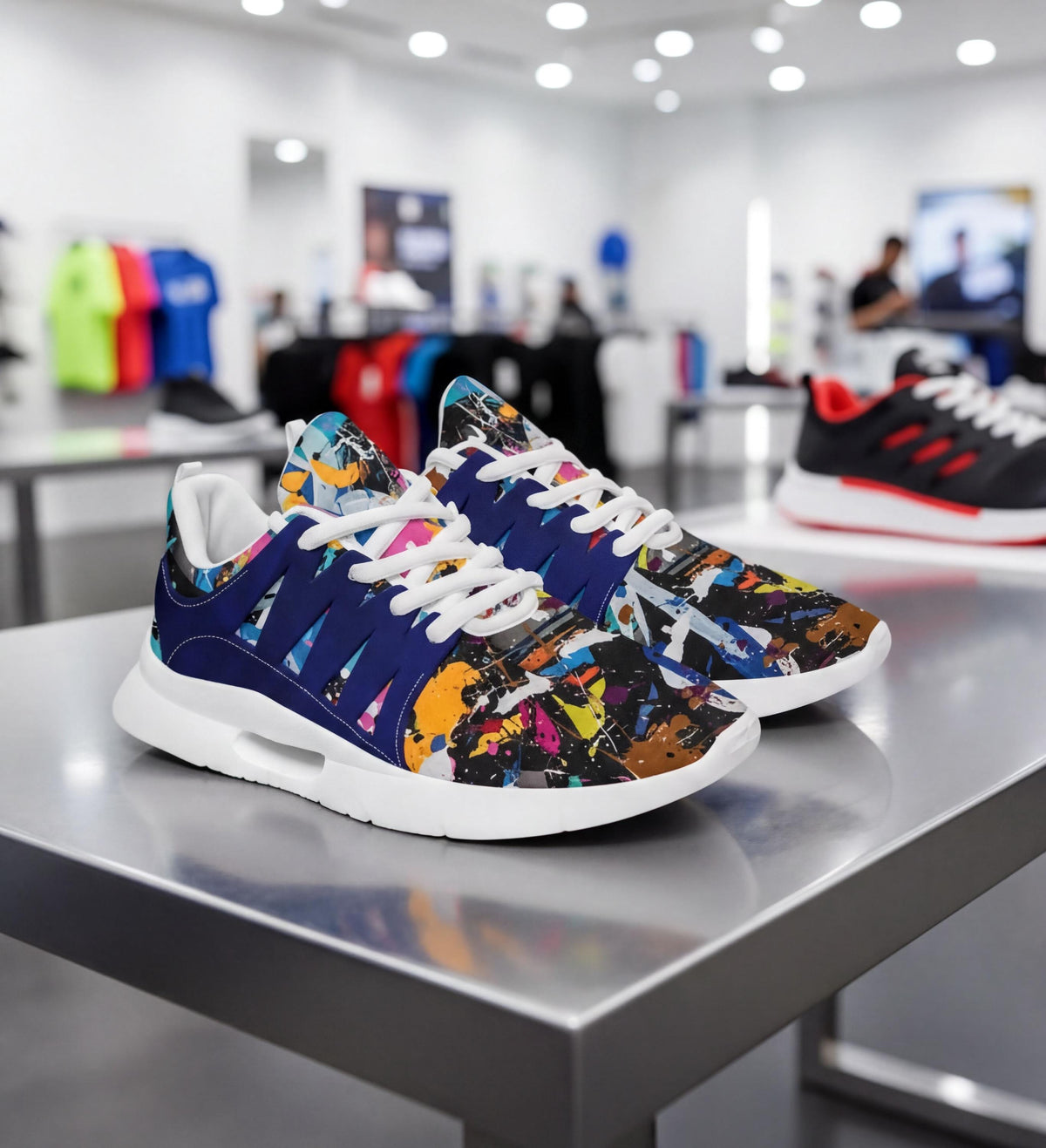 A pair of colorful sneakers with a vibrant, abstract pattern on the side, displayed on a table in a retail setting.