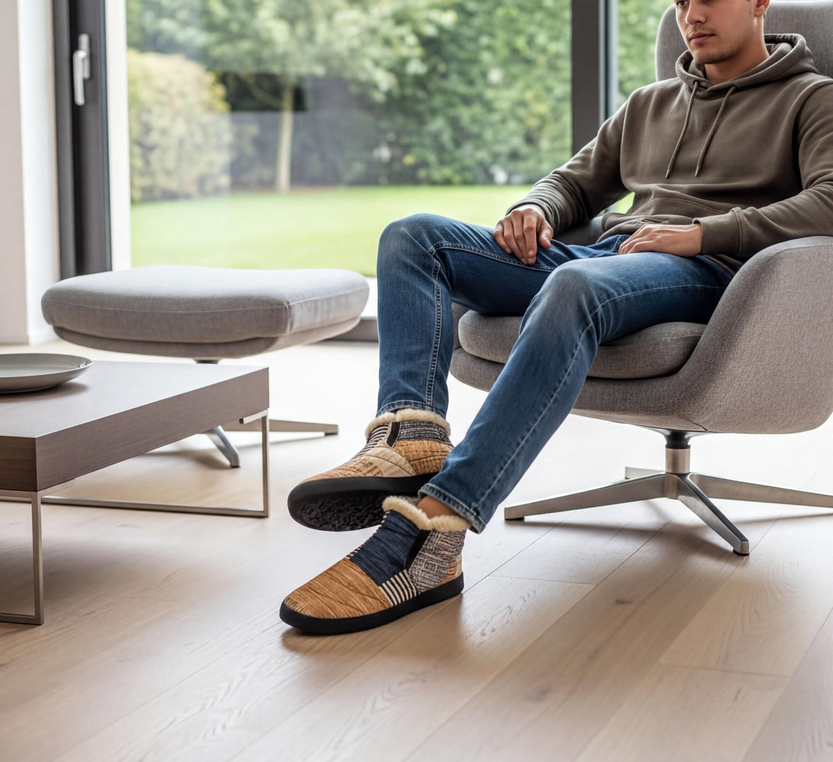 A man is sitting in a chair, wearing a brown hoodie and blue jeans, with his feet resting on a pair of patterned shoes.