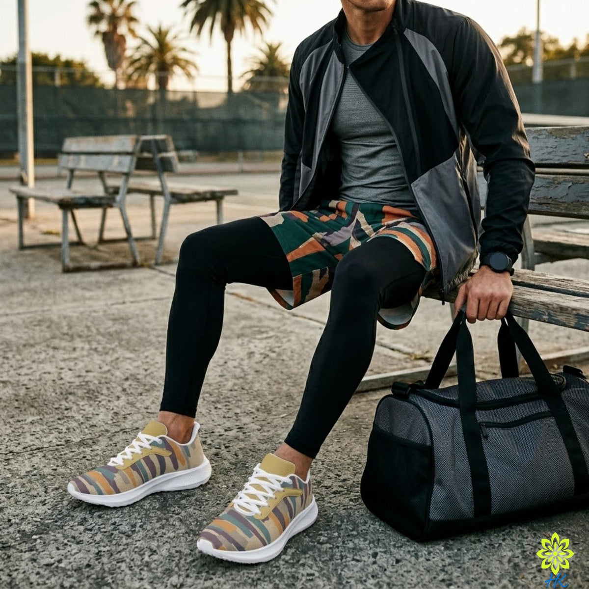 A man wearing a gray jacket, camouflage shorts, and colorful sneakers sits on a bench with a black duffel bag beside him.