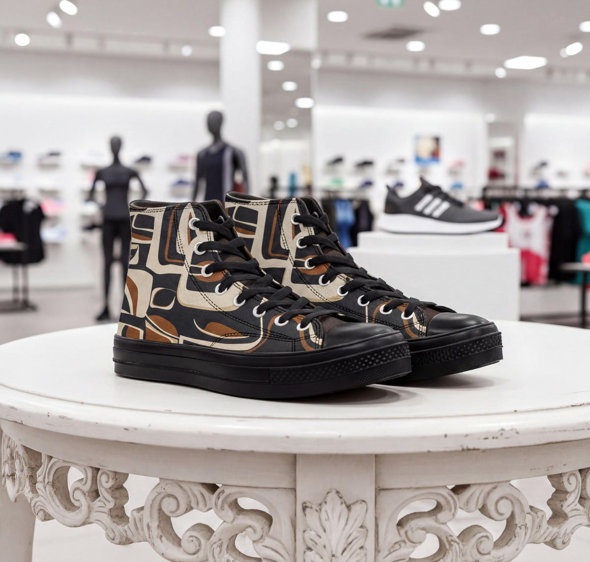 A pair of black and white patterned sneakers is displayed on a white table in a retail store.