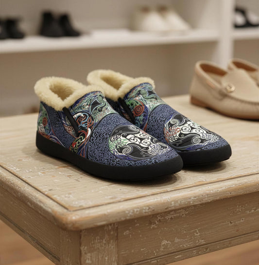 A pair of patterned slip-on shoes with fur trim, displayed on a wooden table.