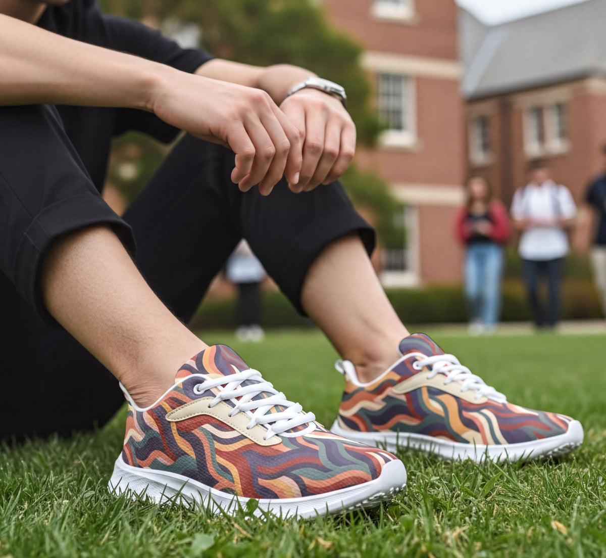 A person sitting on the grass wearing colorful patterned sneakers, with other people visible in the background.