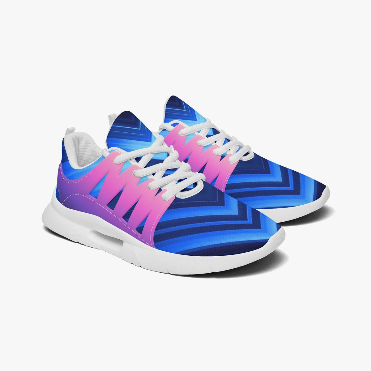 A pair of colorful sneakers with a pattern of blue and purple stripes.