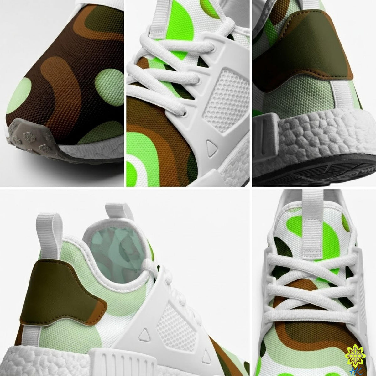 A collage of four close-up images of a white and green camouflage sneaker, showcasing different details and angles of the shoe.