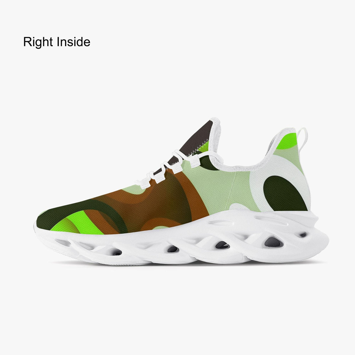 A colorful and abstract sneaker with a unique design, featuring a mix of green, brown, and orange colors.
