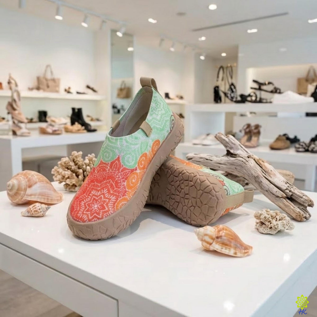 Scarpe slip-on da passeggio boho a mandala appoggiate su un tavolo bianco accanto a conchiglie e legno di mare, che mostrano 